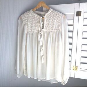 Lucky Brand sheer ivory flowy blouse bead embellishment‎ woman’s size S